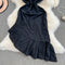 Slant Neckline Ruffled Black Dress