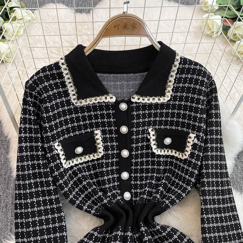 Lapeled Plaid Tweed Knitted Dress