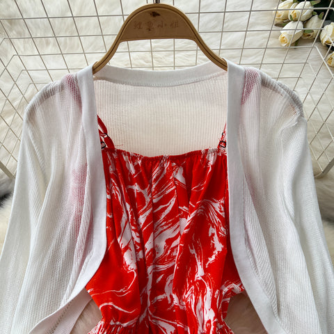 White Cardigan&Floral Jumpsuit 2Pcs