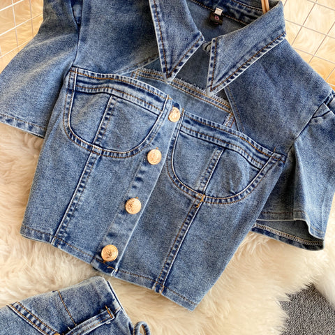 Shirt&Lace-up Shorts Denim 2Pcs