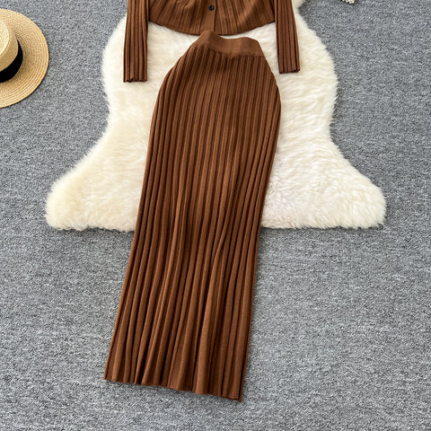 Waist-slimming Knitwear&Skirt Striped 2Pcs