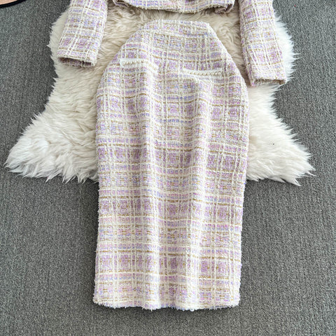 Lapeled Cardigan&Skirt Tweed 2Pcs