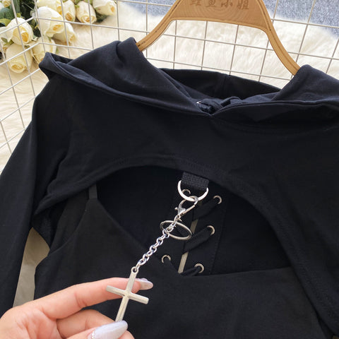 Niche Short Hoodie&Slip Dress 2Pcs