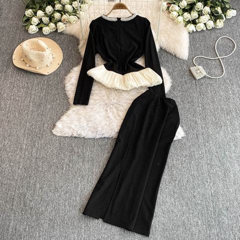 Ruffled Knitwear&Trousers Black 2Pcs