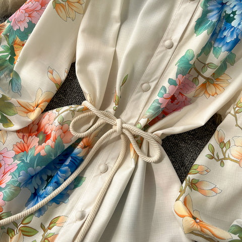 Courtly Lace-up Floral Shirt Dress
