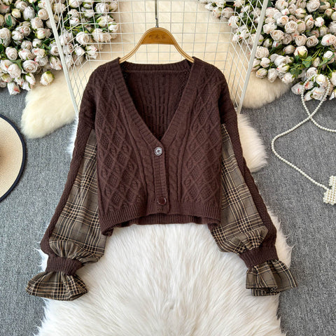Plaid Patchwork Cardigan&White Shirt 2Pcs
