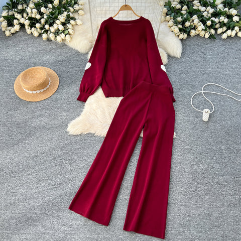 Embroidered Sweater & Trousers Knit 2Pcs