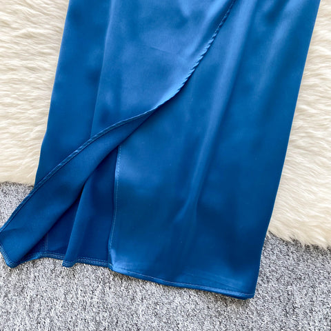 Delicate Blue Satin Dress with Ribbon