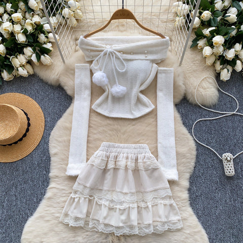 Off-shoulder Top&Ruffled Skirt 2Pcs