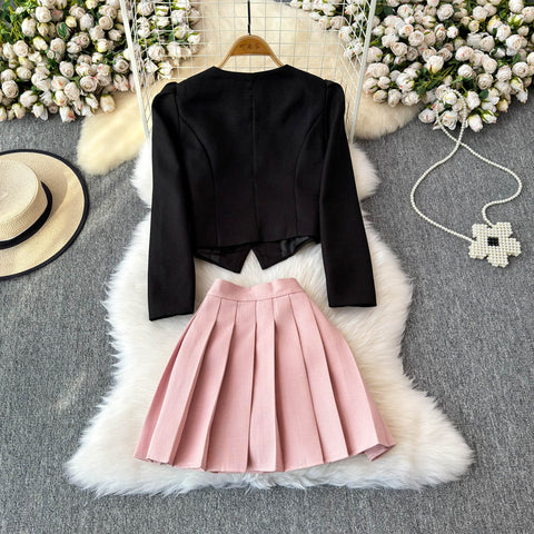 3D Rose Blazer&Pleated Skirt 2Pcs