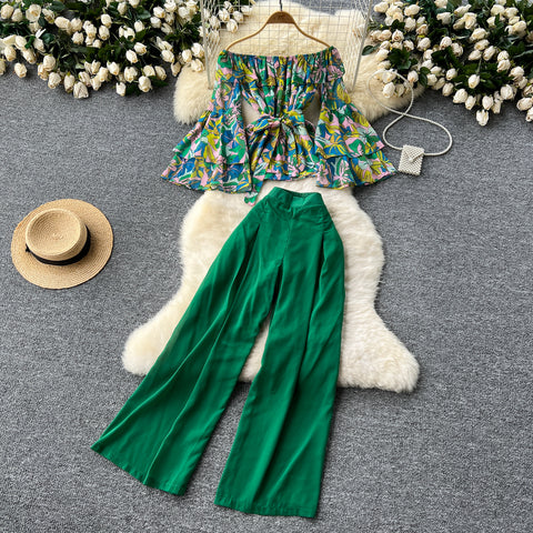 Floral Top&Wide-leg Trousers 2Pcs