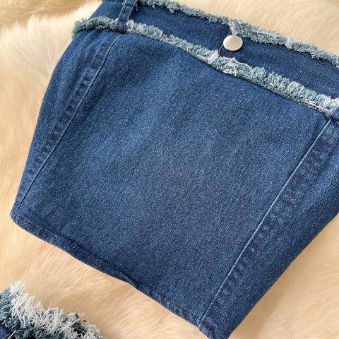 Tank Top & Fringed Skirt Denim 2Pcs