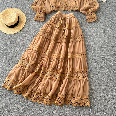 V-neck Shirt&Skirt Lace Patchwork 2Pcs