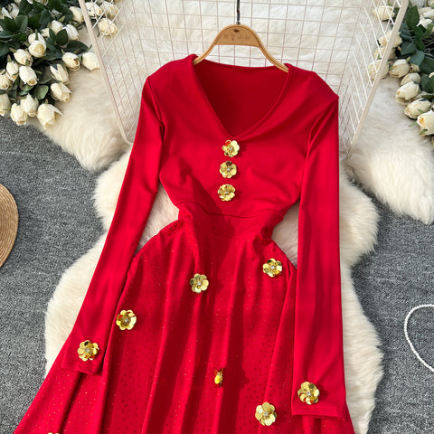 Sequin Beaded Floral V-neck Dress