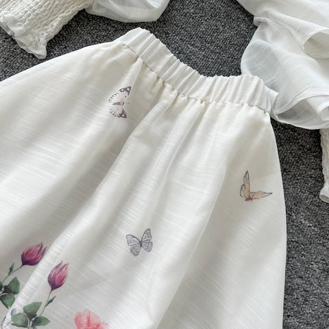 Flared-sleeve Shirt & Skirt Floral 2Pcs