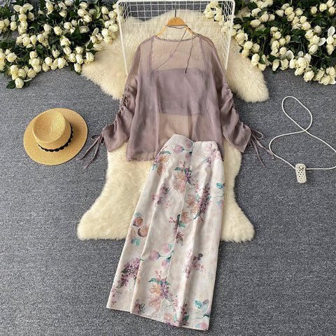 Chiffon Cardigan&Camisole&Floral Skirt 3Pcs
