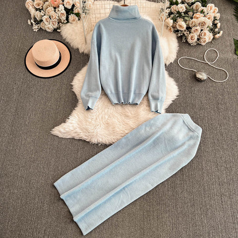 Turtleneck Sweater&Split Skirt 2Pcs