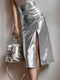 Glossy Split Silver PU Skirt