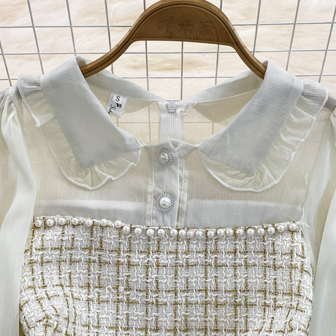 Tweed Patchwork Chiffon Shirt Dress
