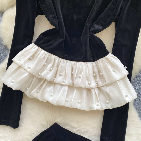 Beaded Ruffled Top & Suede Skirt 2Pcs