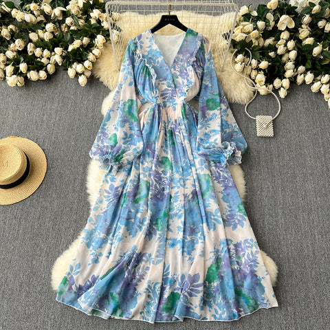 French Style Flared Sleeve Floral Dress