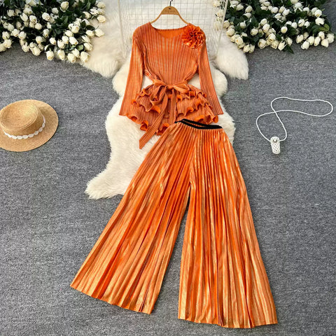 Ruffled Top & Wide-leg Trousers 2Pcs