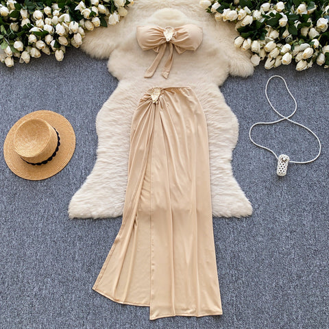 Lace-up Top & High-cut Skirt 2Pcs