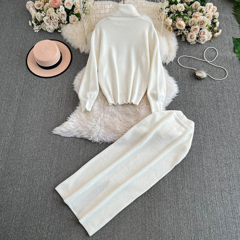 Turtleneck Sweater&Split Skirt 2Pcs
