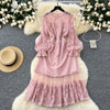 Mesh Patchwork Embroidered Pink Dress