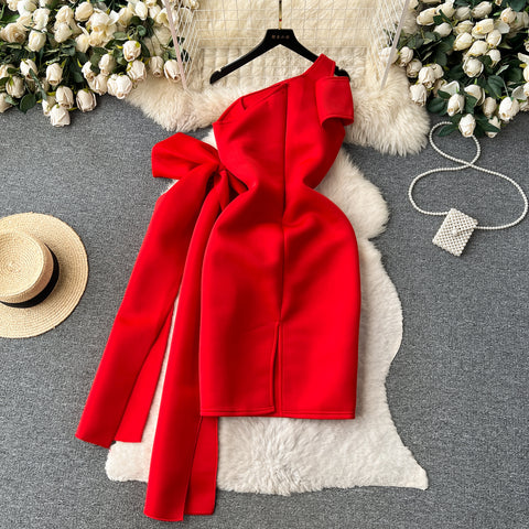 Slant Neckline Large Bow Dress