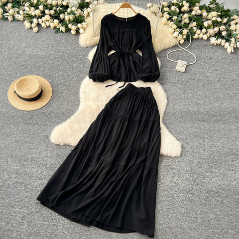 Lace-up Top & Draped Skirt 2Pcs