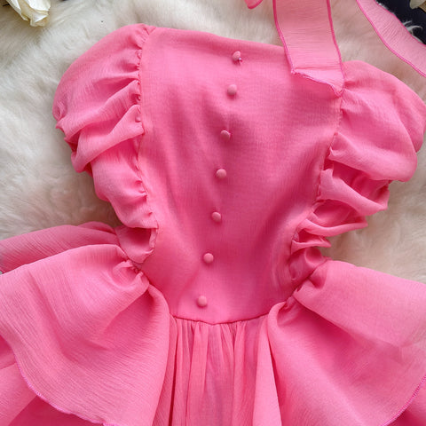 High-end Puffy Ruffle Dress with Ribbon