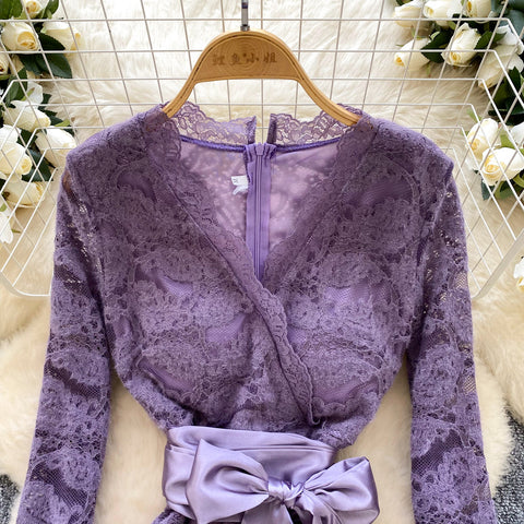 V-neck Embroidered Flocked Lace Dress