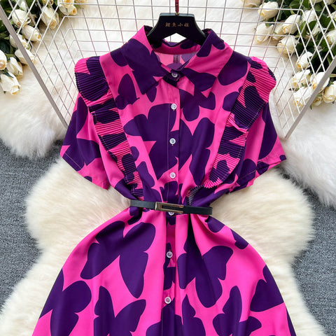 Niche Ruffled Printed Shirt Dress