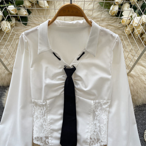 High-end Lace Patchwork Lapeled Blouse