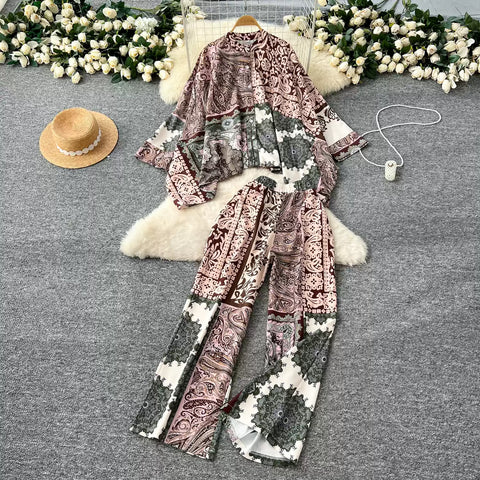 Bat Sleeve Top & Trousers Ethnic Printed 2Pcs