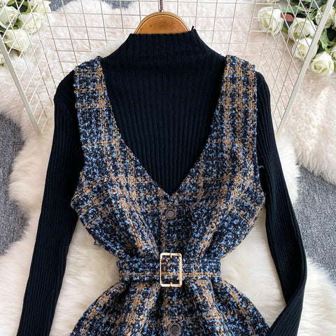 V-neck Tweed Dress&Black Sweater 2Pcs