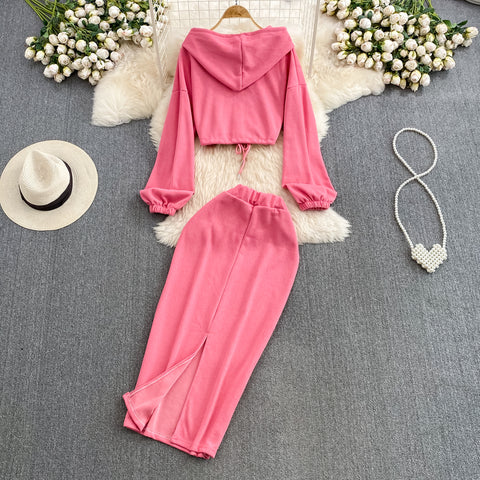 Hooded Cardigan&Half-body Skirt 2Pcs