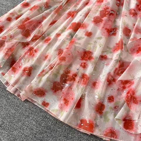 Sequined Floral Printed Ruffled Dress