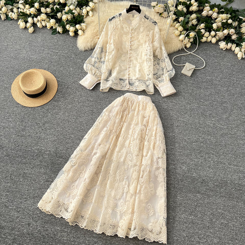 Embroidered Mesh Shirt & Skirt 2Pcs