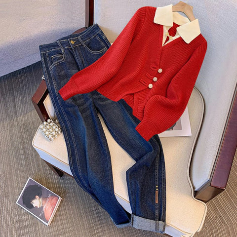 Faux Two-pieces Knitwear&Jeans 2Pcs