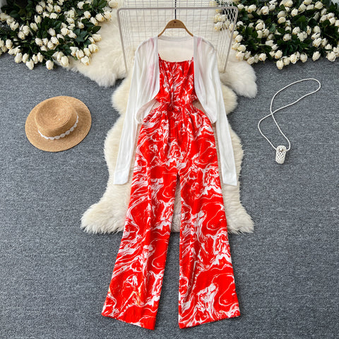 White Cardigan&Floral Jumpsuit 2Pcs
