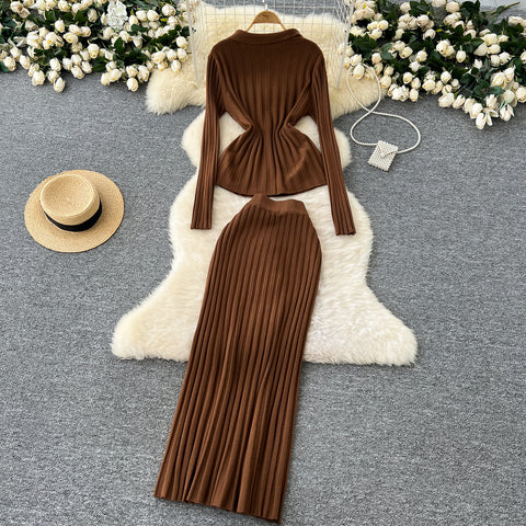 Waist-slimming Knitwear&Skirt Striped 2Pcs