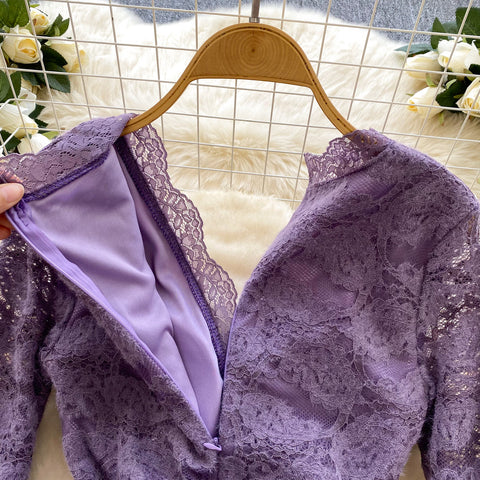 V-neck Embroidered Flocked Lace Dress