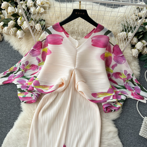 High-end Pleated Floral Printed Dress
