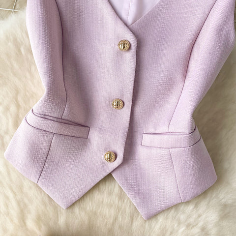 Single-breasted Vest&Pleated Skirt 2Pcs