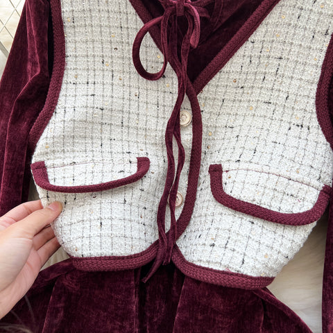 Lace-up Corduroy Dress&Jacquard Vest 2Pcs
