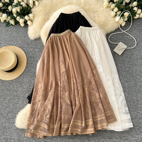 Hollowed Embroidered Mesh Half-body Skirt