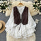 PU Vest&Sweetie Lace Shirt 2Pcs