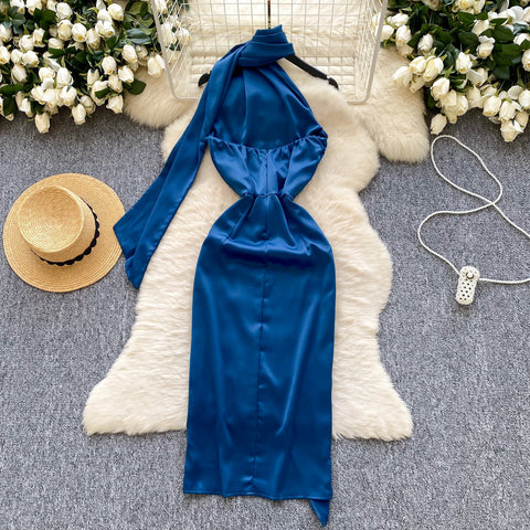 Delicate Blue Satin Dress with Ribbon